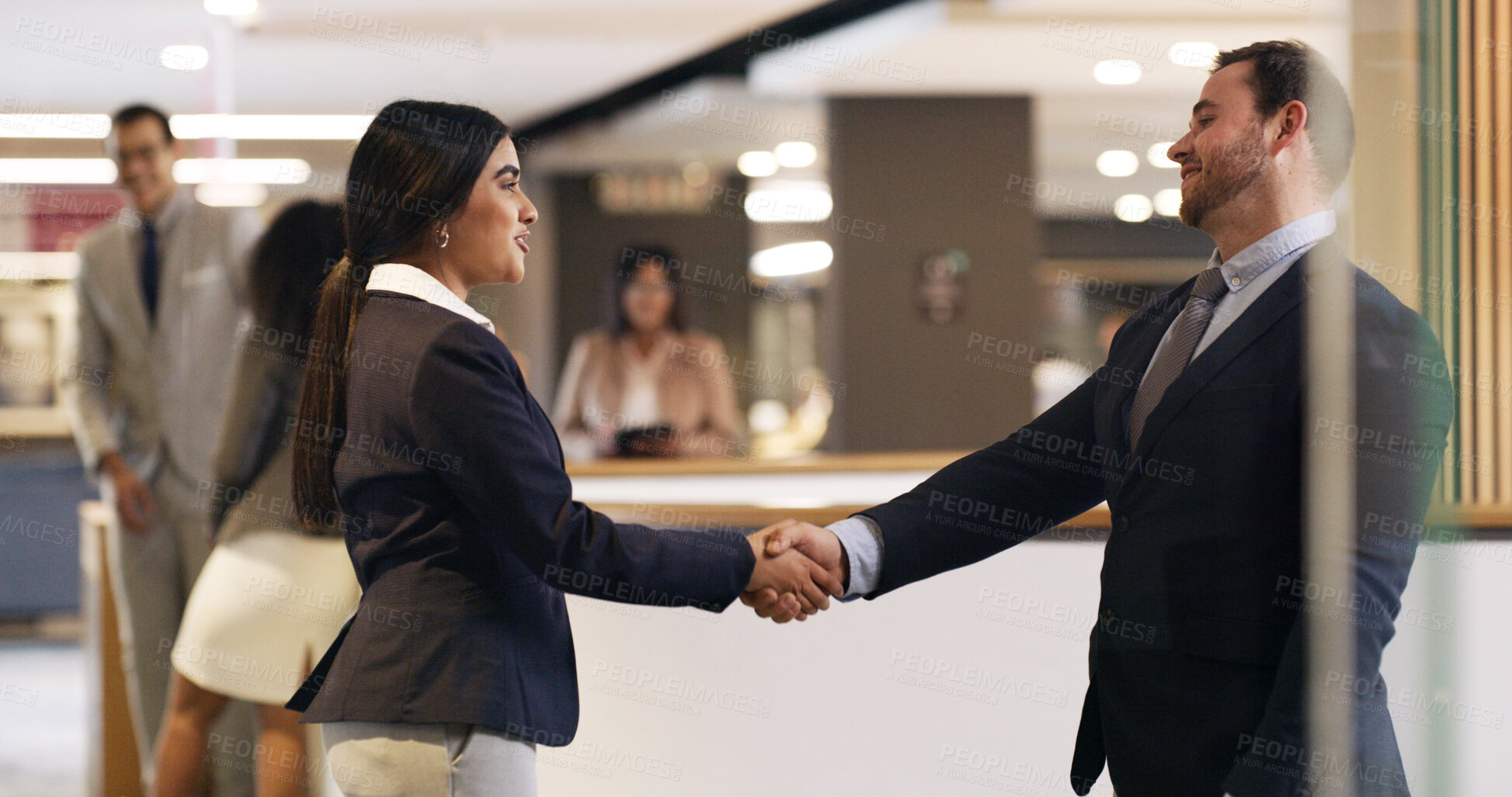 Buy stock photo Business, hello or people at conference with handshake, greeting or collaboration in b2b deal. Networking, corporate or employees at seminar with introduction, agreement or opportunity in partnership