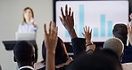 Presentation, audience and woman with hands raised for conference, training and meeting. Business people, discussion and questions in workshop, convention or seminar for financial coach with graph
