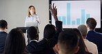 Presentation, audience and man with hands raised for conference, training and meeting. Business people, woman speaker and questions in workshop, convention or seminar for financial coach with graph