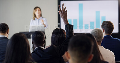 Buy stock photo Presentation, audience and man with hands raised for conference, training and meeting. Business people, woman speaker and questions in workshop, convention or seminar for financial coach with graph