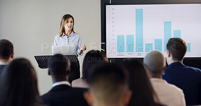 Buy stock photo Presentation, conference and woman with business people for audience, training and meeting. Corporate speaker, discussion and worker in workshop, convention or seminar for financial coach with graph