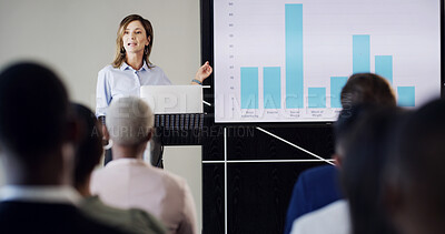 Buy stock photo Presentation, convention and woman with business people for conference, training and meeting. Corporate speaker, discussion and worker in workshop, audience or seminar for financial coach with graph