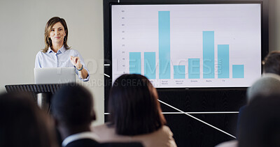 Buy stock photo Presentation, training and woman with business people for conference, audience and meeting. Corporate speaker, discussion and worker in workshop, convention or seminar for financial coach with graph