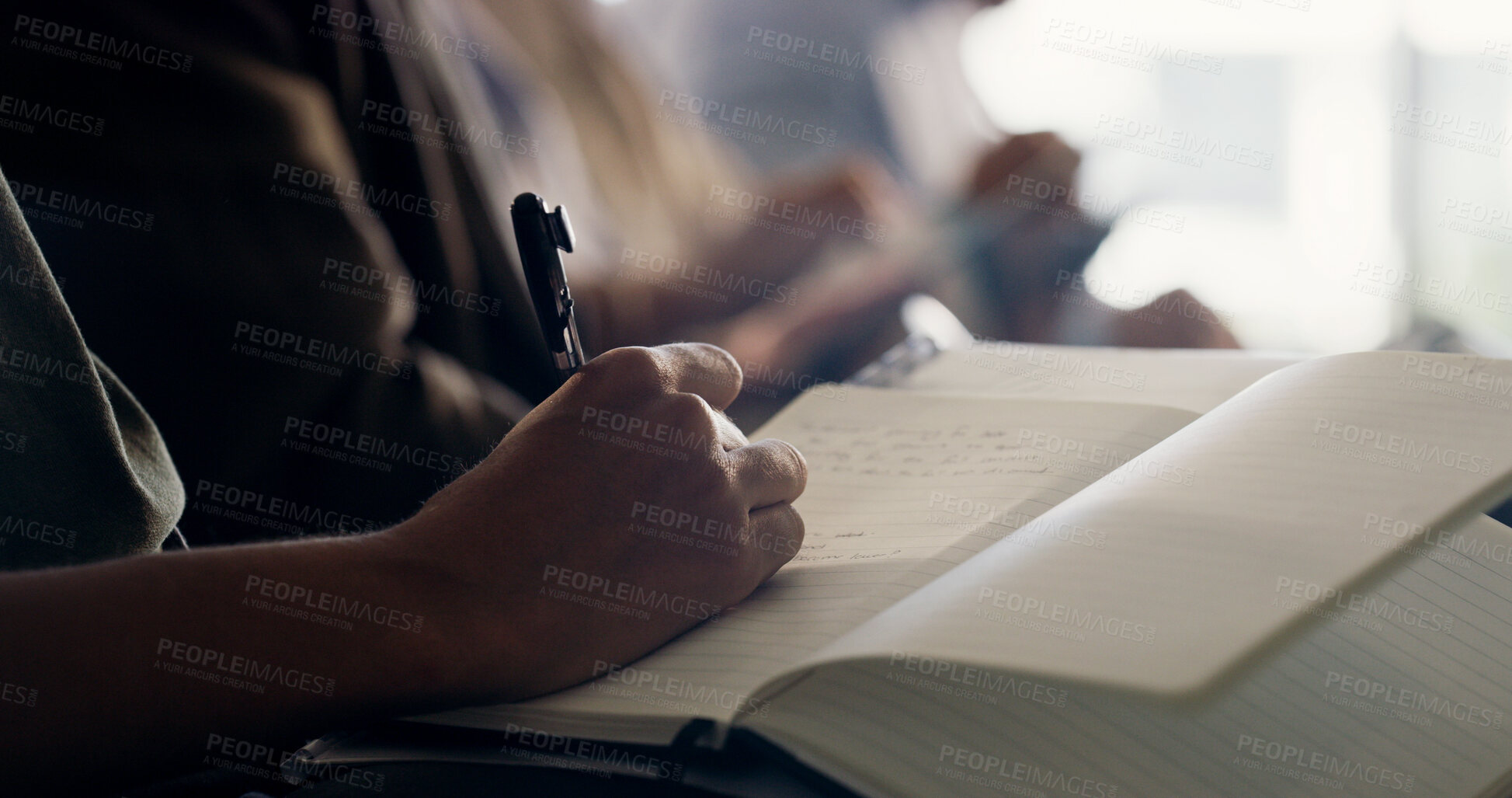 Buy stock photo Person, hands and writing with book in meeting for business schedule, minutes or agenda in workshop. Employee, group or taking notes with notebook for project reminder, tasks or presentation outcome