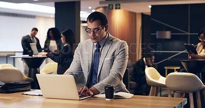 Buy stock photo Businessman, typing and glasses in office with laptop, accounting report and research risk assessment. Coworking, corporate person and email in workplace with computer, review and planning for audit.