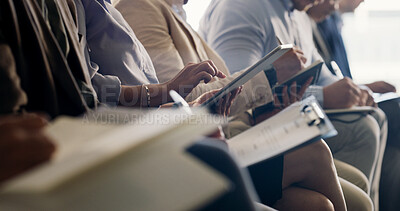 Buy stock photo Corporate, tablet or crowd at expo with training, information or skill building at conference. Learning, businesspeople or audience with tech, career development or speech insight at growth seminar.