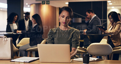 Buy stock photo Business, woman and reading with laptop in office for research, email client and finance report. Person, coworking and pc for audit bookkeeping, financial records and budget review of tax preparation