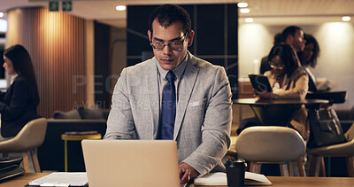 Buy stock photo Business, man and reading with laptop in office for research, email client and finance report. Person, coworking and pc for company bookkeeping, financial records and budget review of tax preparation