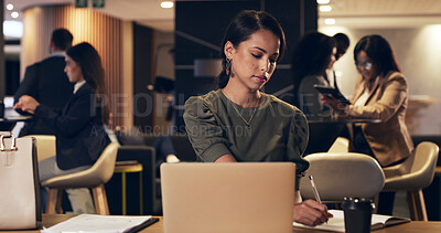 Buy stock photo Business, woman and writing with laptop in office for research, email client and finance report. Person, coworking and company bookkeeping with pc, financial planning and notebook for tax preparation