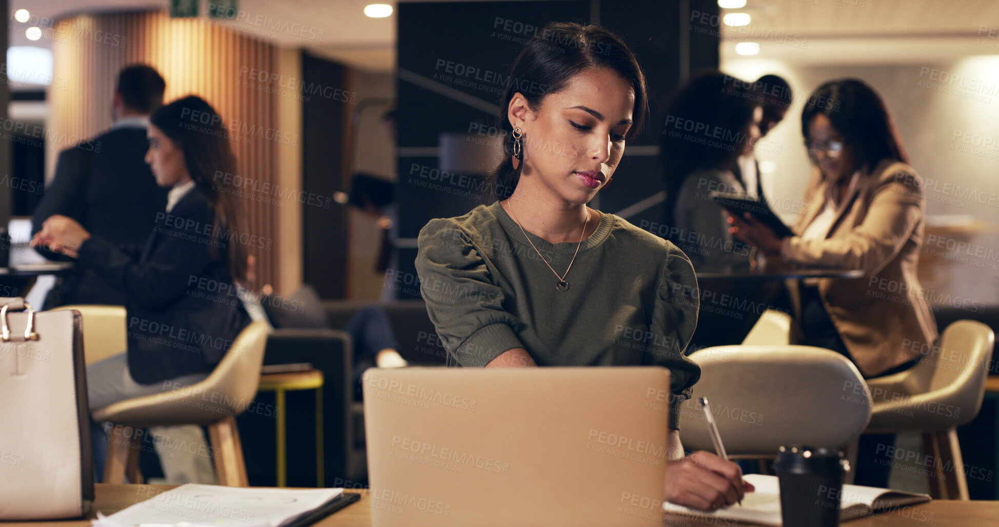 Buy stock photo Business, woman and writing with laptop in office for research, email client and finance report. Person, coworking and company bookkeeping with pc, financial planning and notebook for tax preparation