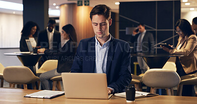 Buy stock photo Business, man and research with laptop in office for audit, email client and finance report. Person, hybrid and company bookkeeping with pc, financial records and budget review for tax preparation