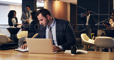 Buy stock photo Business, man and clipboard with laptop in office for notes, expenses and finance information. Male person, coworking and pc for bookkeeping, financial checklist and budget review for tax preparation