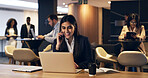 Woman, phone call and happy with laptop at office with talk, review and coworking at corporate law firm. Person, legal advisor or consultant with smartphone, computer and smile with contact at agency