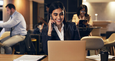 Buy stock photo Business, laptop and woman with phone call in lobby for seminar planning, venue sourcing or night. Event organizer, person or tech with mobile chat in hotel for booking keynote speaker or expo update