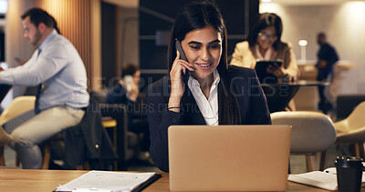Buy stock photo Smile, laptop and woman with phone call in lobby for conference planning, venue booking or night. Event organizer, person and tech with mobile chat in hotel for vendor negotiation and seminar agenda