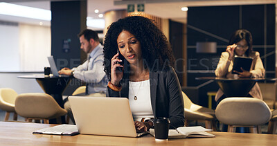 Buy stock photo Contact, laptop and woman with phone call in lobby for conference planning, venue booking or night. Event organizer, person and tech with mobile chat in hotel for vendor negotiation or seminar agenda