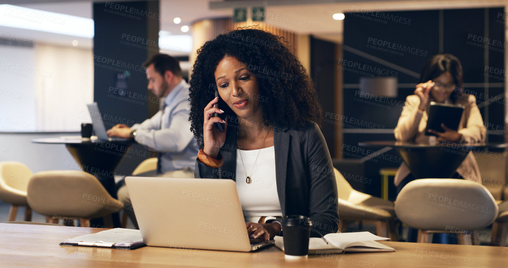 Buy stock photo Contact, laptop and woman with phone call in lobby for conference planning, venue booking or night. Event organizer, person and tech with mobile chat in hotel for vendor negotiation or seminar agenda