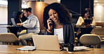 Woman, phone call and smile with laptop at office with talk, review and coworking at corporate law firm. Person, legal advisor or consultant with smartphone, computer and happy with contact at agency