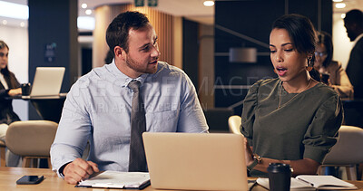 Buy stock photo Business people, laptop or discussion with proposal for company report, schedule or plan in office. Businessman, woman or conversation with computer or books for project, agenda or tasks in workplace
