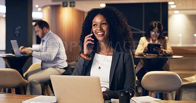 Buy stock photo Smile, phone call and business woman with laptop for financial deal, offer and seminar. Talk, mobile and consultant with computer in lobby of hotel for conference, investment update or wealth advice
