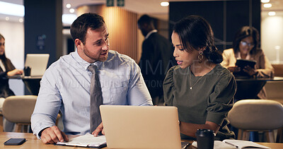 Buy stock photo Business people, laptop or night with proposal for company report or schedule deadline in office. Businessman, woman or working late with computer or books for project, agenda or tasks in workplace
