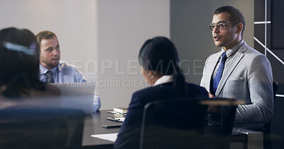 Buy stock photo Business, man and team with meeting in boardroom for financial review, monthly feedback or update. Board of directors, people or discussion in office for company performance, goal setting or planning