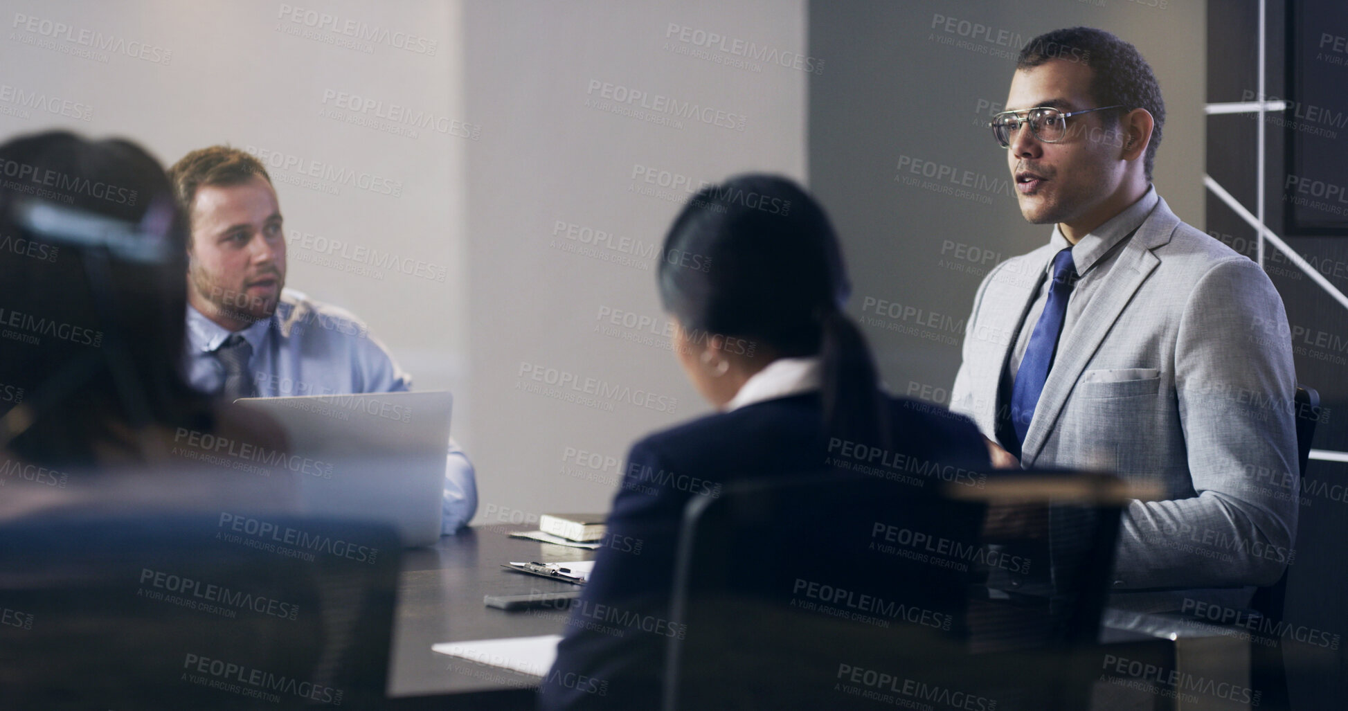 Buy stock photo Business, man and team with meeting in boardroom for financial review, monthly feedback or update. Board of directors, people or discussion in office for company performance, goal setting or planning