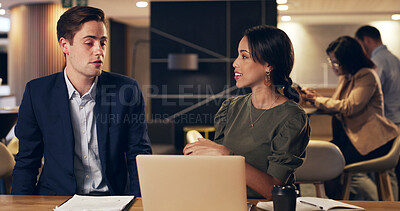 Buy stock photo Business people, planning and team with laptop at night for accounting, sales revenue or feedback. Office, overtime and collaboration with auditor on computer for bookkeeping advice, tax or finance