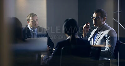 Buy stock photo Business, CEO and team with meeting in boardroom for financial review, market expansion or night. Directors group, people or discussion in office for merger deadline, goal setting and risk management