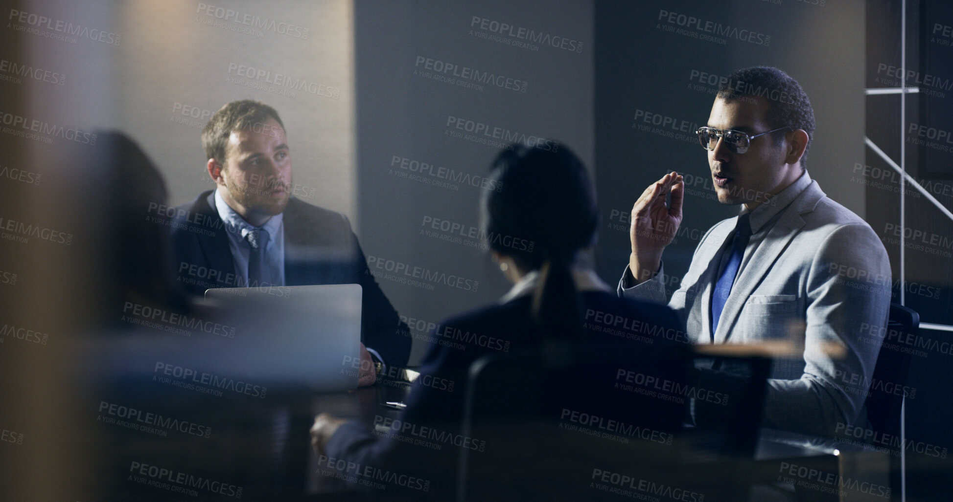Buy stock photo Business, CEO and team with meeting in boardroom for financial review, market expansion or night. Directors group, people or discussion in office for merger deadline, goal setting and risk management