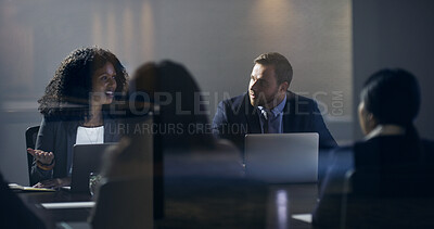Buy stock photo Laptop, woman or team with meeting in boardroom for financial review, budget approval or feedback. Directors, people or discussion with tech in office for risk management, investor update or planning