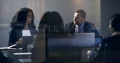 Buy stock photo Laptop, woman or team with meeting in office for financial review, budget approval or feedback. Directors, people or discussion with tech in boardroom for risk management, investor update or planning