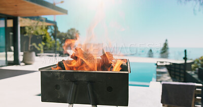 Buy stock photo Bbq, flame and pool with grill outdoor of home for celebration, weekend break and fourth of july. Independence  day, barbecue and roast with fire on patio of house for summer vacation and cooking