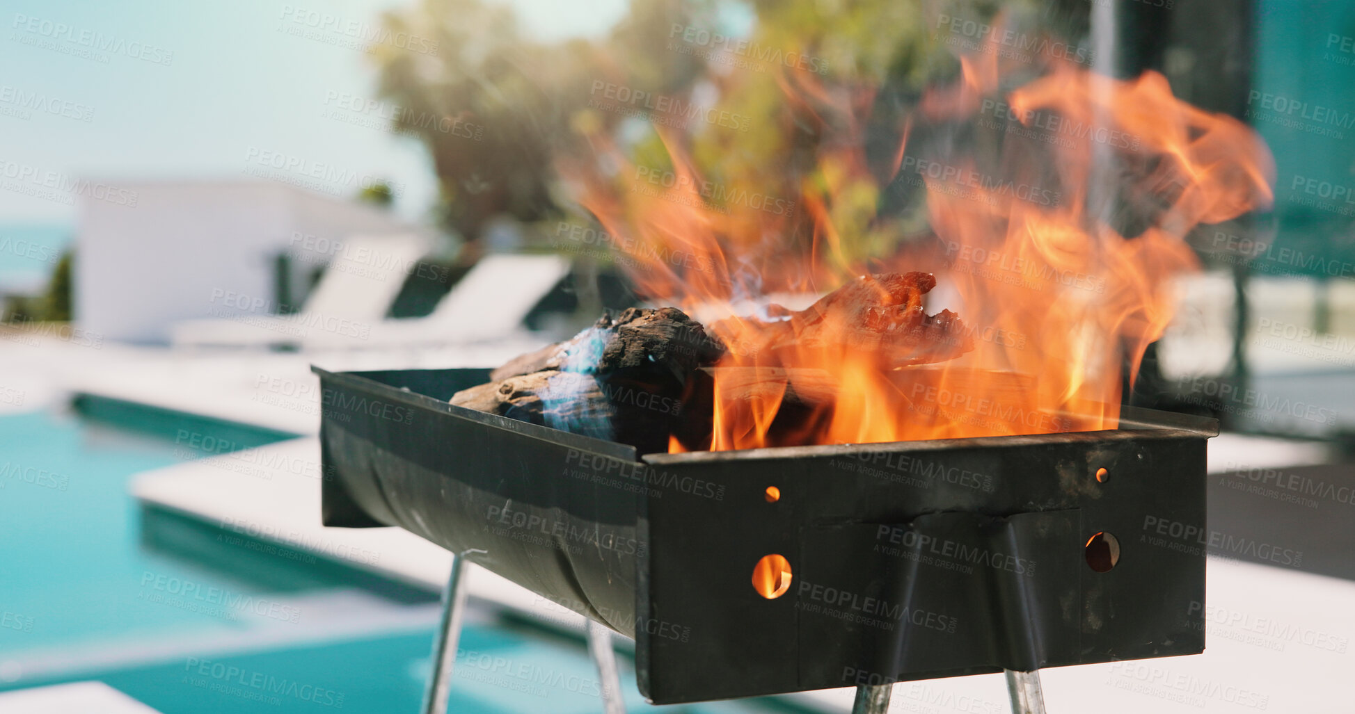 Buy stock photo Bbq, fire and pool with grill outdoor of home for celebration, weekend break and fourth of july. Independence  day, barbecue and roast with flame on patio of house for summer vacation and cooking