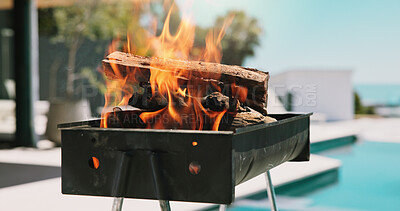 Buy stock photo Bbq, flame and wood with grill outdoor of home for celebration, event and fourth of july. Independence day, barbecue and smoke with fire on patio of house for summer vacation and national holiday