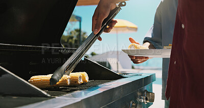 Buy stock photo Bbq, corn and grill with hands of person outdoor of house for cooking, cookout event and barbecue. Summer vacation, weekend break and tongs with people on patio of home for vegetable, lunch and food