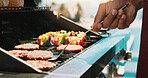 Bbq, beef and grill with hands of person outdoor for cooking, cookout event and barbecue. Summer vacation, weekend break and tongs with people and roast on patio of home for meat, support and food