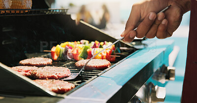 Buy stock photo Bbq, beef and grill with hands of person outdoor for cooking, cookout event and barbecue. Summer vacation, weekend break and tongs with people and lunch in backyard of home for meat and food