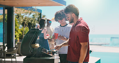 Buy stock photo Bbq, help and food with friends and grill outdoor for cooking, cookout event or barbecue. Summer vacation, weekend break and social lunch with people in backyard of home for meat, support or party