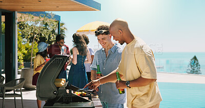 Buy stock photo Bbq, help and food with friends and beer outdoor for cooking, cookout event or barbecue. Summer vacation, weekend break and lunch social with people in backyard of home for meat, support or party