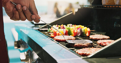 Buy stock photo Bbq, hamburger and grill with hands of person outdoor for cooking, cookout event or barbecue. Summer vacation, weekend break and lunch with people and beef in backyard of home for meat or food