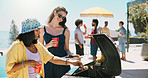 Bbq, cooking and food with friends and grill outdoor for help, cookout event or barbecue. Summer vacation, weekend break and lunch with people and roast on patio of home for drink, support or party