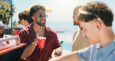 Buy stock photo Smile, cooking and barbecue with friends outdoor for celebration, summer vacation or lunch. Party, bonding and cookout with group of people on patio of home for social event, reunion and bbq together