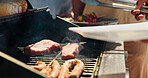 Bbq, steak and grill with hands of person outdoor for cooking, cookout event and barbecue. Summer vacation, weekend break and tongs with people and roast on patio of home for meat, support and food