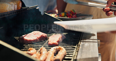 Buy stock photo Bbq, steak and grill with hands of person outdoor for cooking, cookout event and barbecue. Summer vacation, weekend break and tongs with people in backyard of home for meat, lunch and food together