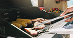 Bbq, meat and grill with hands of person outdoor for cooking, cookout event and barbecue. Summer vacation, weekend break and tongs with people and roast on patio of home for steak, support and food