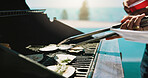 Bbq, eggplant and grill with hands of person outdoor for cooking, cookout event and barbecue. Summer vacation, weekend break and tongs with people and roast on patio of home for vegetable and food