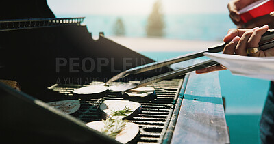 Buy stock photo Bbq, eggplant and grill with hands of person outdoor for cooking, cookout event and barbecue. Summer vacation, weekend break and tongs with people and lunch in backyard of home for vegetable and food