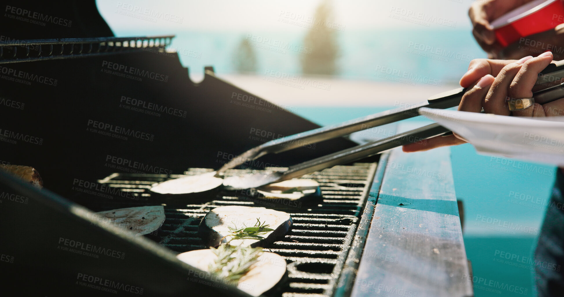 Buy stock photo Bbq, eggplant and grill with hands of person outdoor for cooking, cookout event and barbecue. Summer vacation, weekend break and tongs with people and lunch in backyard of home for vegetable and food