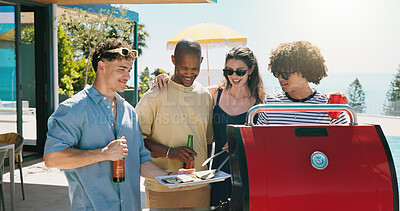 Buy stock photo Eggplant, cooking and barbecue with friends outdoor for celebration, summer vacation or lunch. Party, bonding and cookout with group of people on patio of home for event, reunion and bbq together